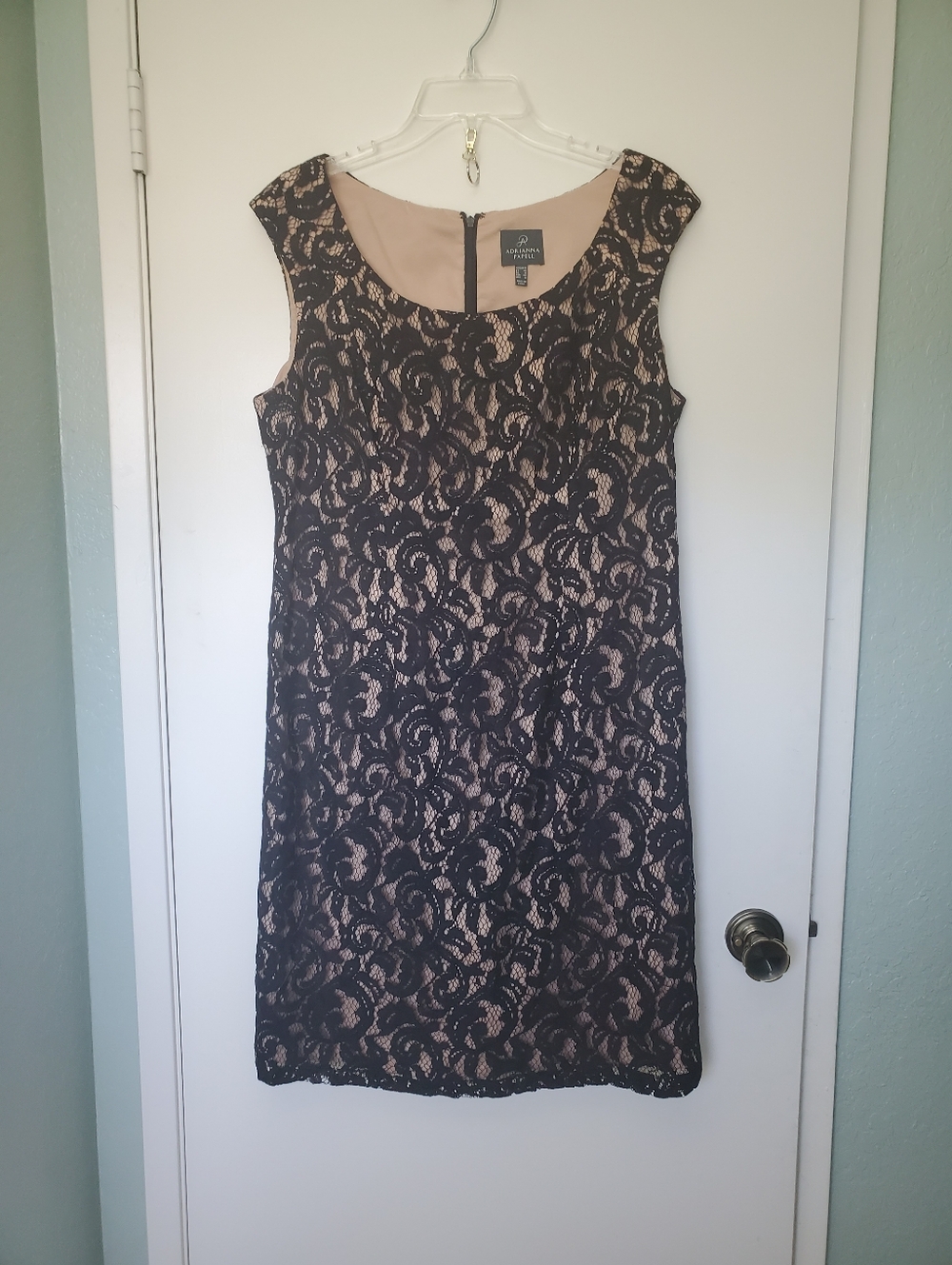 Adrianna Papell Woman's Black Floral Lace w/Beige Underlay Sheath Mini Dress  14